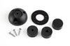 Kit components including black shell, foam gasket, rubber bungs and screws