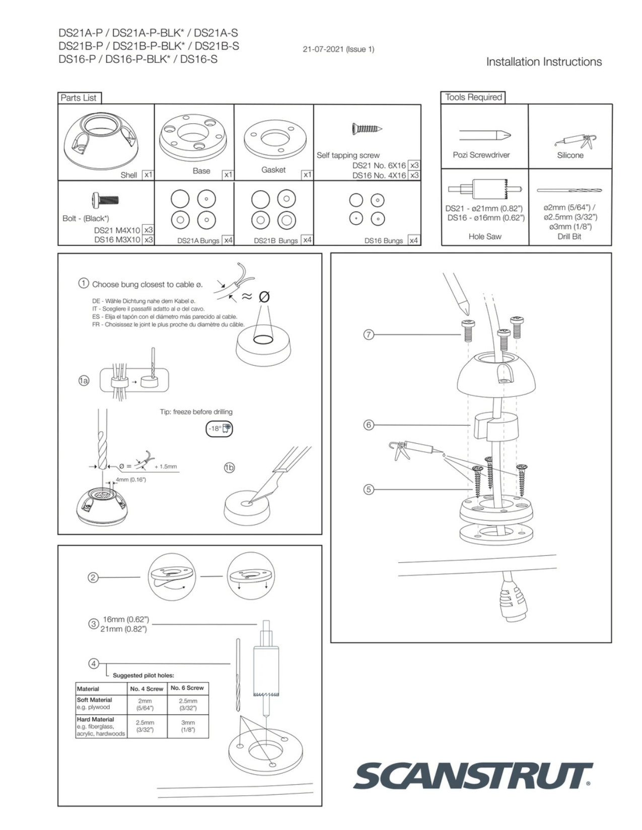 Technical installation drawing for Scanstrut vertical cable seals