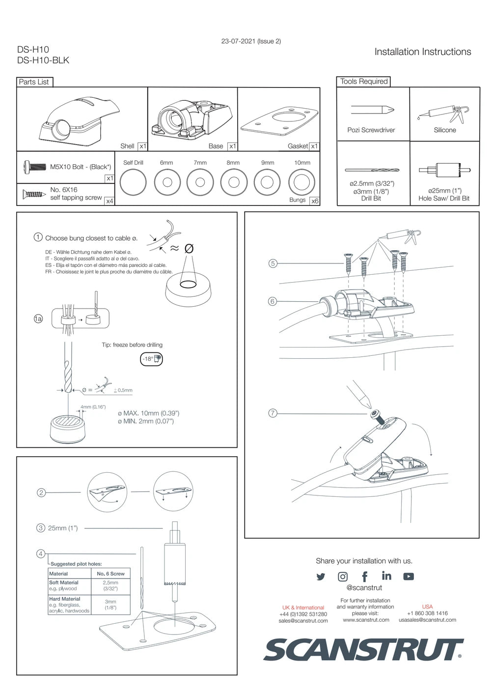 Scanstrut DS-H10 installation instructions showing parts list and assembly steps