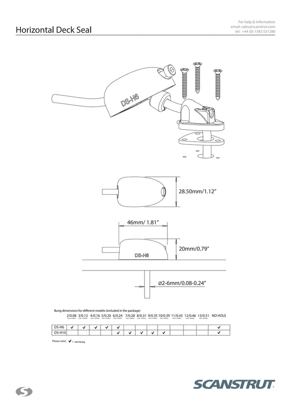 Dimensional drawing for DS-H6 horizontal cable seal with metric measurements