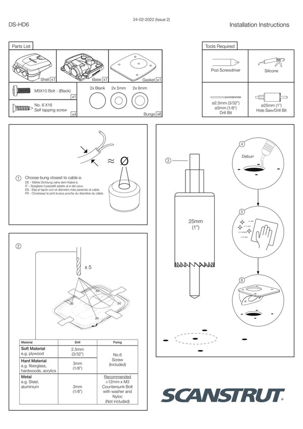 Step-by-step installation instructions for the Scanstrut DS-HD6 double cable seal