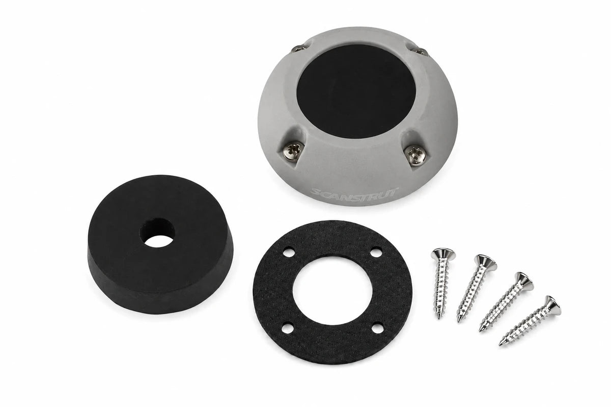 Exploded view of Scanstrut DS40-P components showing shell, rubber bung, gasket and screws