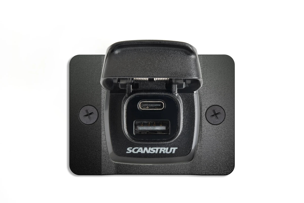 Front view of Scanstrut Flip Pro dual USB socket with open lid showing USB-C and USB-A ports