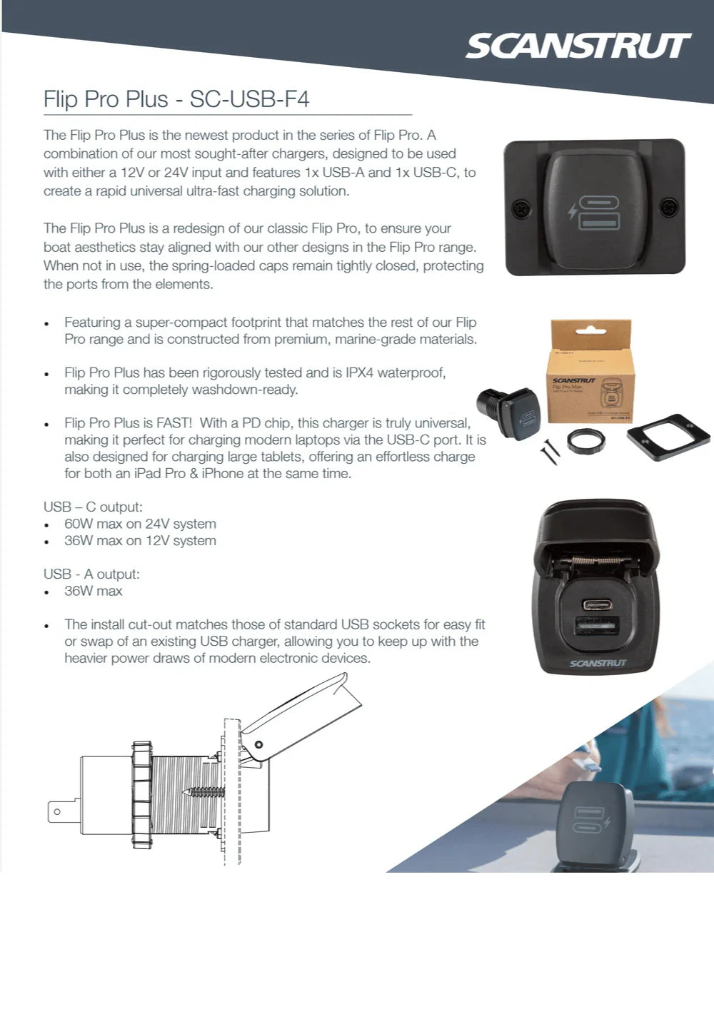 Feature sheet for Scanstrut Flip Pro Plus with power specifications