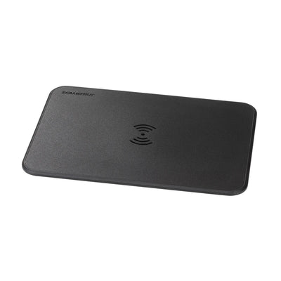 Black flush-mount waterproof wireless charger with Qi icon and Scanstrut logo
