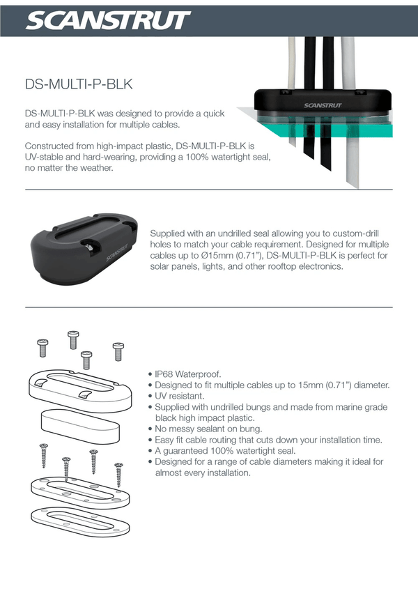 Product feature summary for the DS-MULTI-P-BLK cable seal highlighting IP68 rating