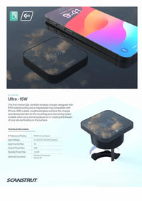 Product overview and specification chart for the 15W Qi2 charger