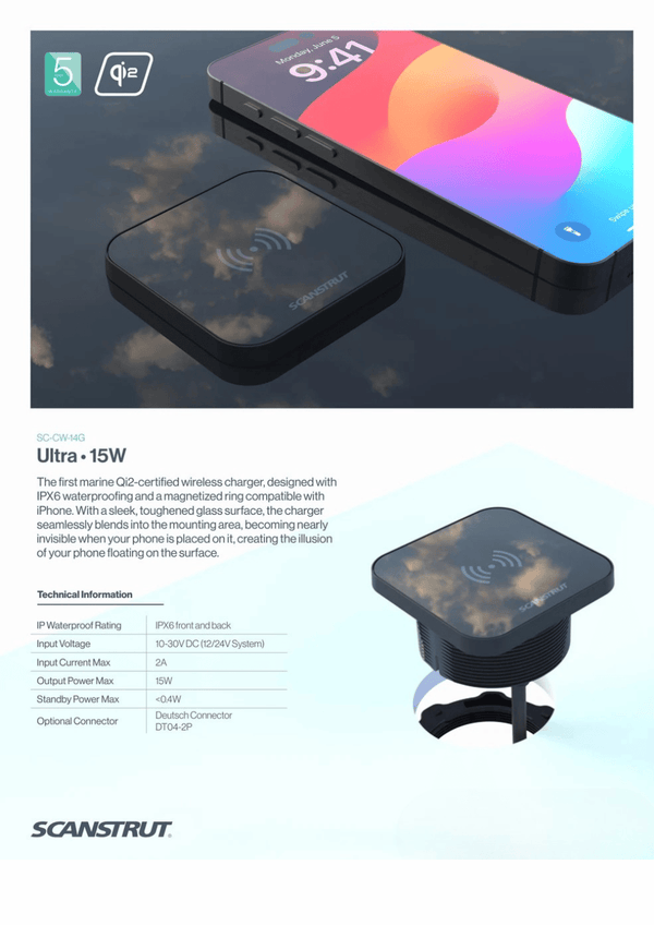 Product overview and specification chart for the 15W Qi2 charger