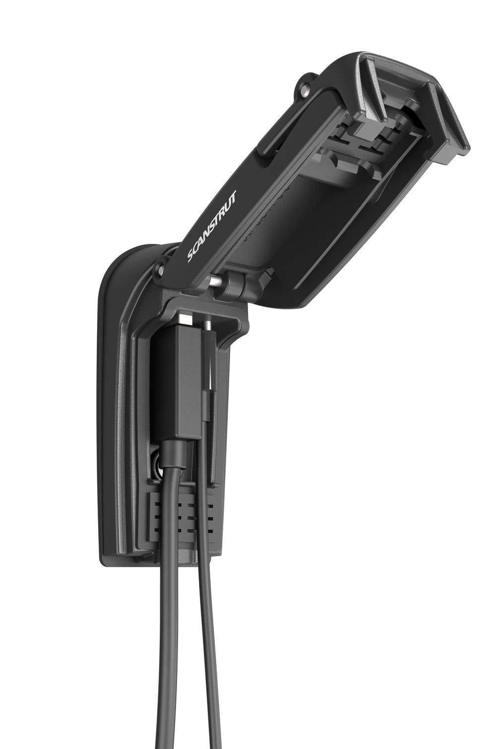 Scanstrut ROKK Charge Pro with lid open and dual USB cables connected