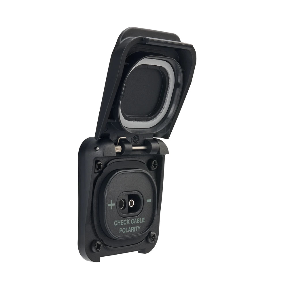 Scanstrut SAE solar input socket with spring-loaded flip lid open showing internal connector