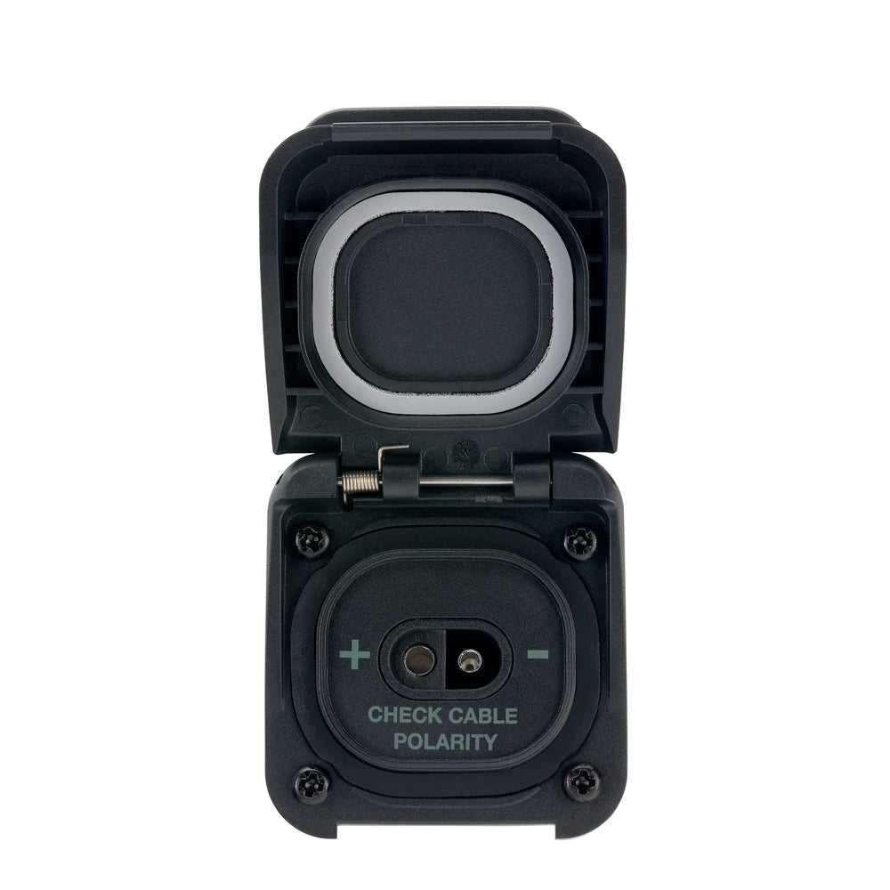 Frontal view of the Scanstrut SAE solar input socket with the lid fully open