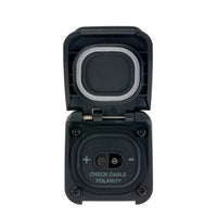 Frontal view of the Scanstrut SAE solar input socket with the lid fully open