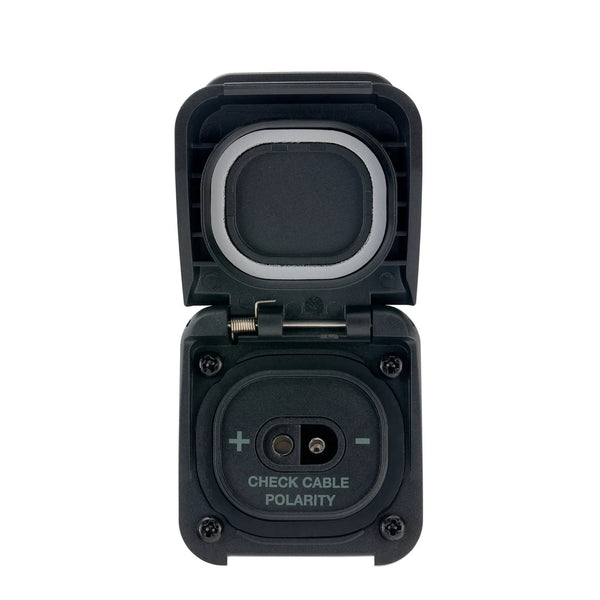 Frontal view of the Scanstrut SAE solar input socket with the lid fully open