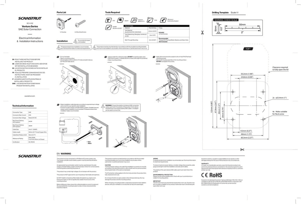 Installation instructions and drilling template for the SAE solar input socket