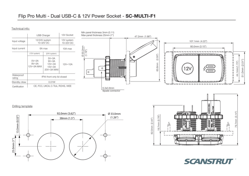 Technical dimensional drawing and drilling template for SC-MULTI-F1