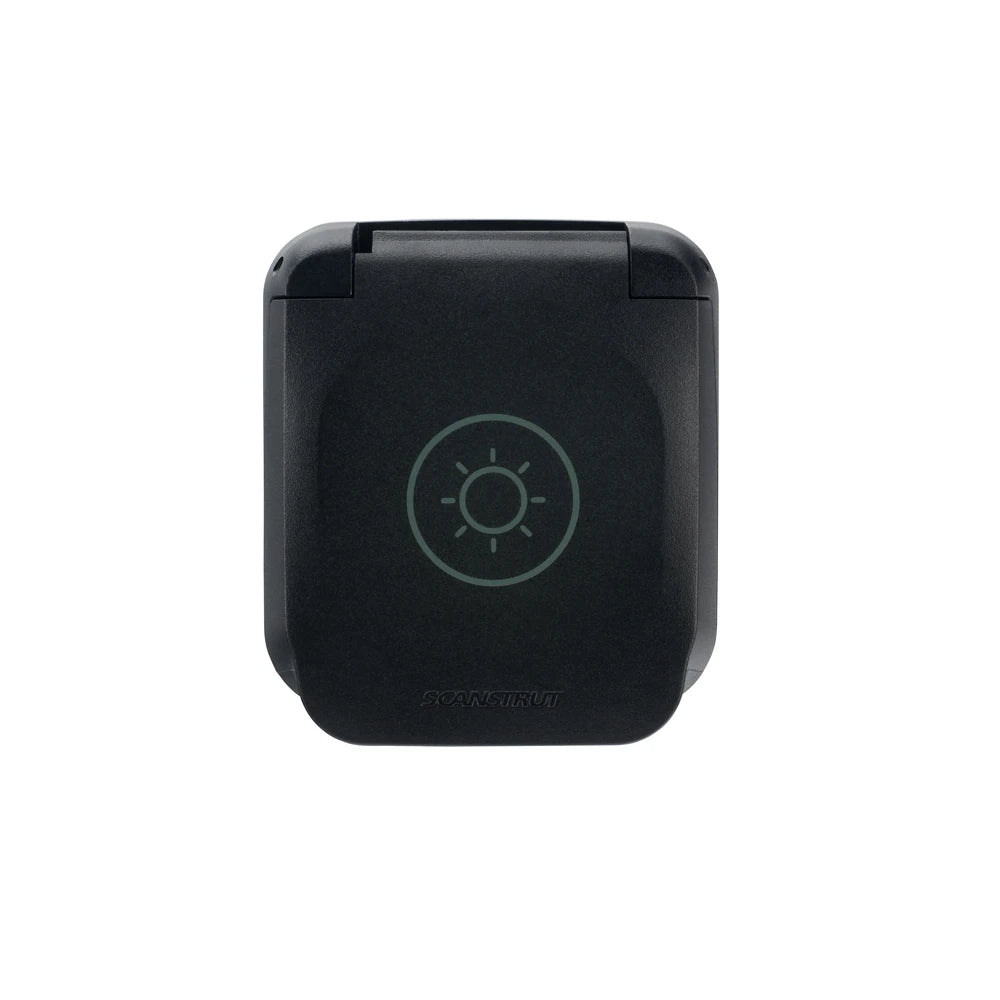 Closed Scanstrut Ventura solar socket with sun icon on the protective lid