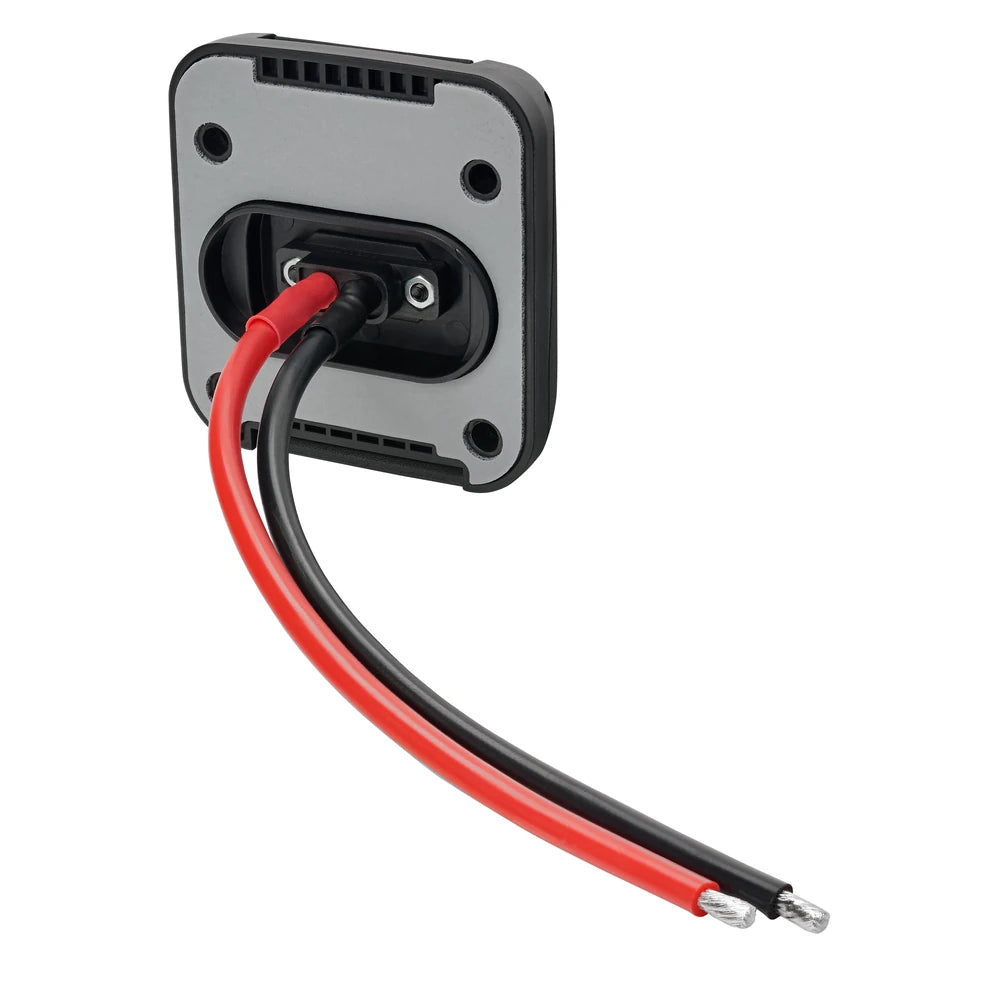 Rear view of solar input socket showing pre-soldered power cables and thick surface gasket