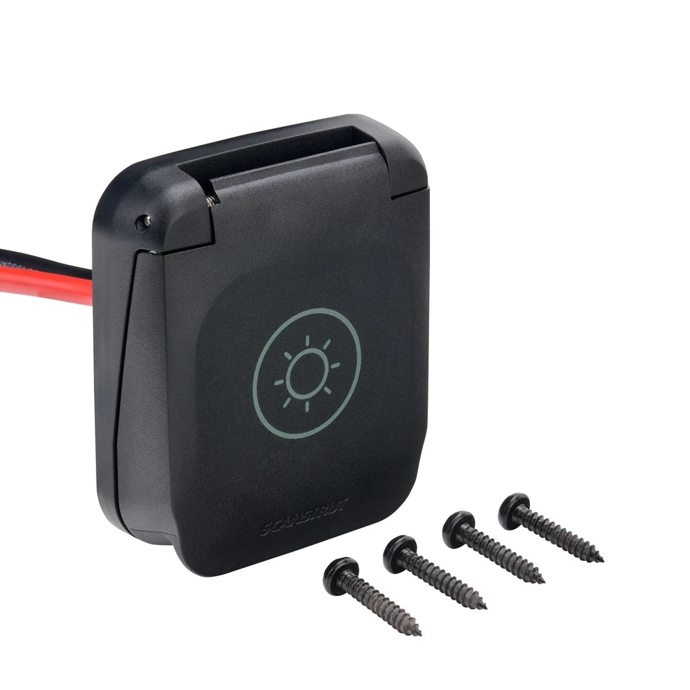 Closed black solar socket shown with four included black mounting screws
