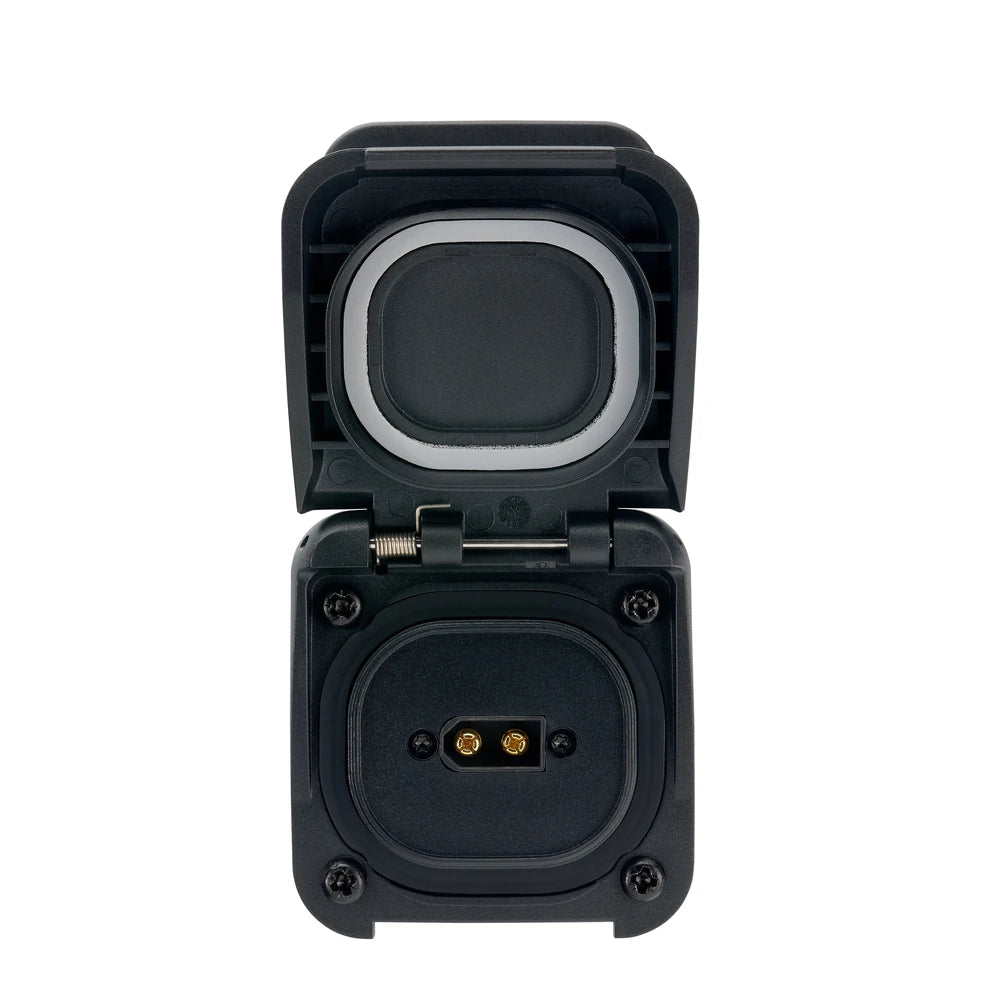 Front view of open Scanstrut solar socket showing internal XT60 terminals and white sealing gasket
