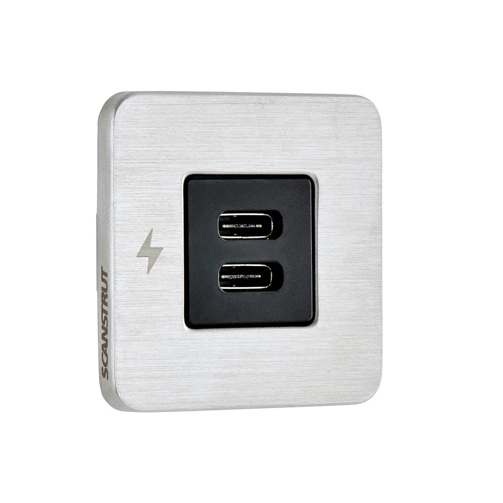Render of Scanstrut TILE dual USB-C socket in brushed stainless steel