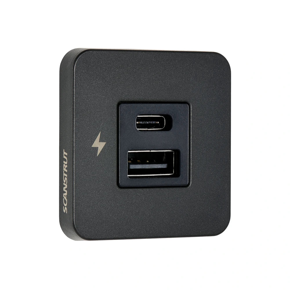 Three-quarter view of black Scanstrut TILE USB-A and USB-C socket