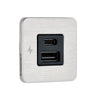 Angled view of square brushed stainless steel USB-A and USB-C charging socket