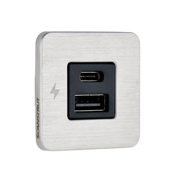 Angled view of square brushed stainless steel USB-A and USB-C charging socket