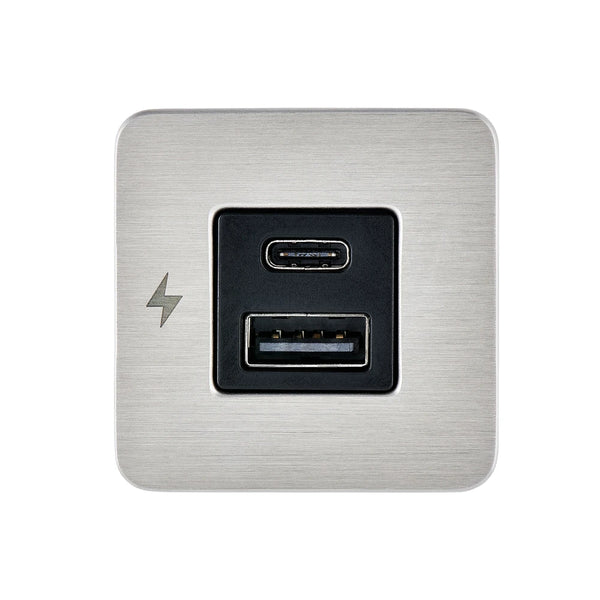 Front view of the Scanstrut TILE USB socket with brushed stainless faceplate