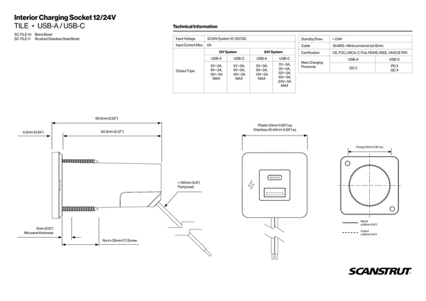 Dimensional drawing and technical specifications for Scanstrut TILE USB socket