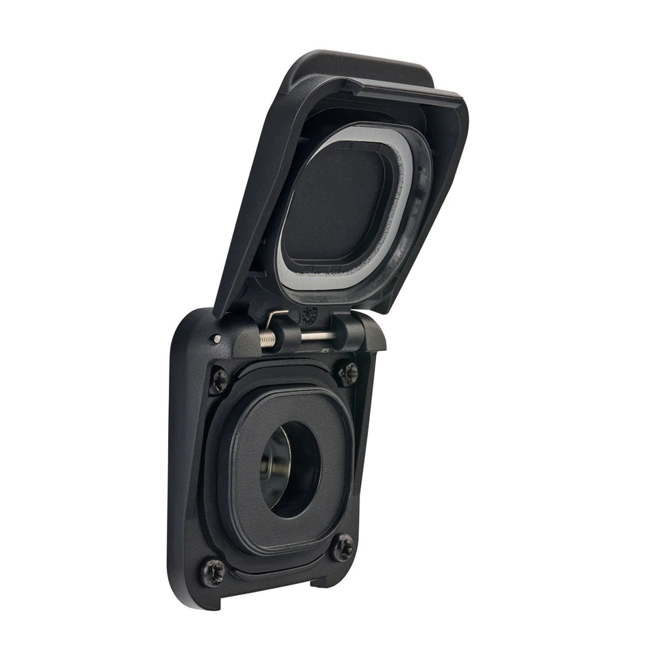 Black Scanstrut 12V Ventura power socket with spring-loaded lid fully open