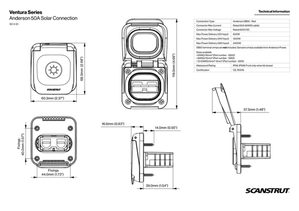 Dimensional drawing showing width, height and depth of the 50A solar socket