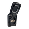 Open black waterproof F-type TV and satellite socket showing dual connectors and protective lid