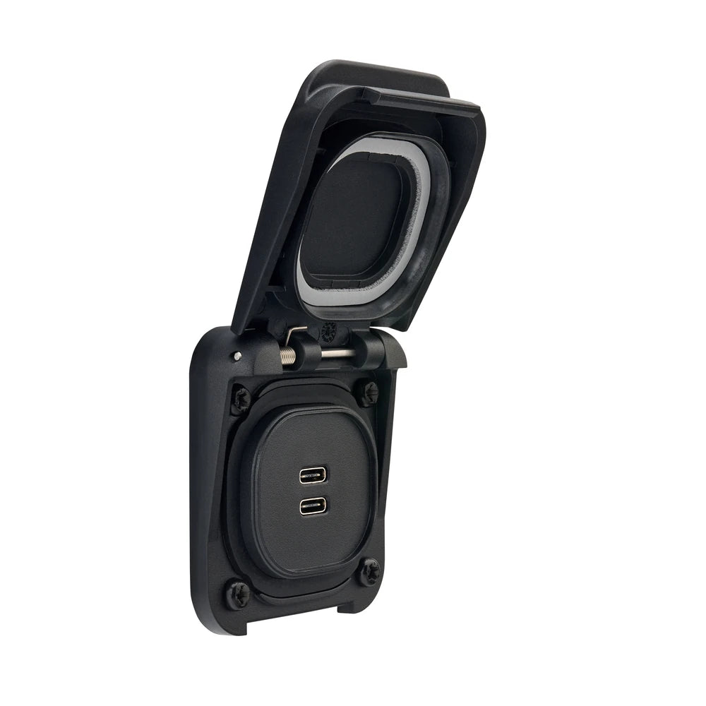 Front view of dual USB-C socket with black protective flip lid open showing charging ports