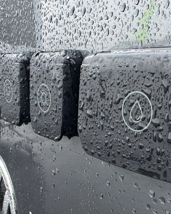 Three Scanstrut Ventura series outlets mounted on a vehicle in wet conditions