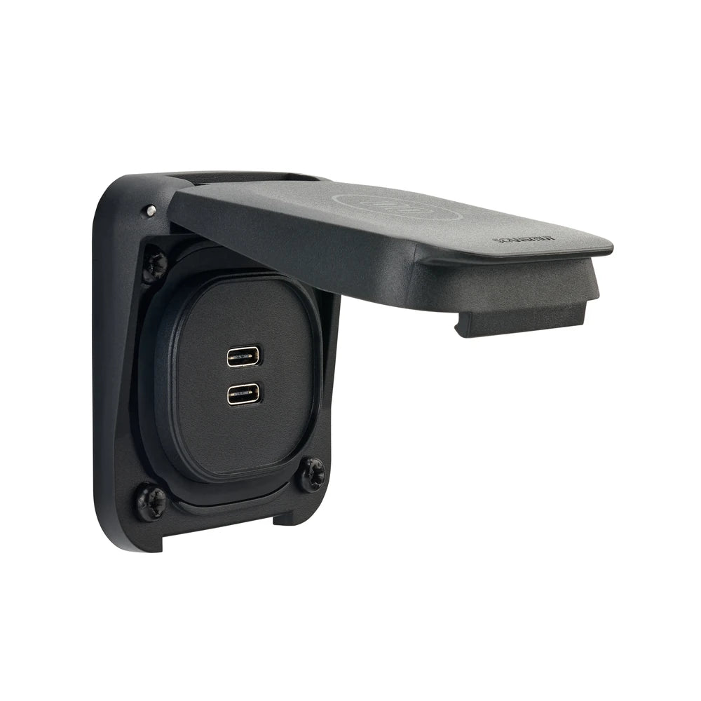 Angled view of the dual USB-C socket with the protective lid partially opened