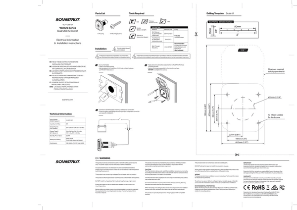 Installation instructions and drilling template for the USB-C socket