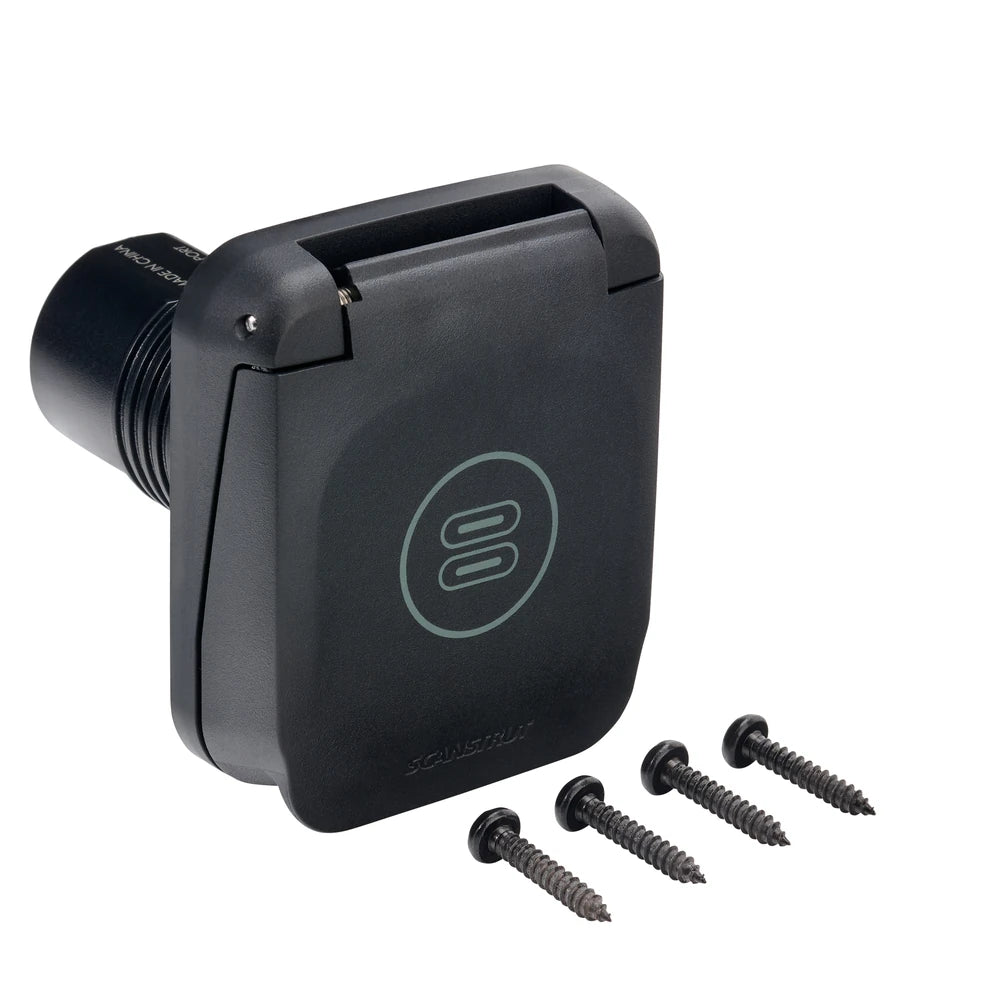 Angled view of the closed USB-C socket with four black mounting screws