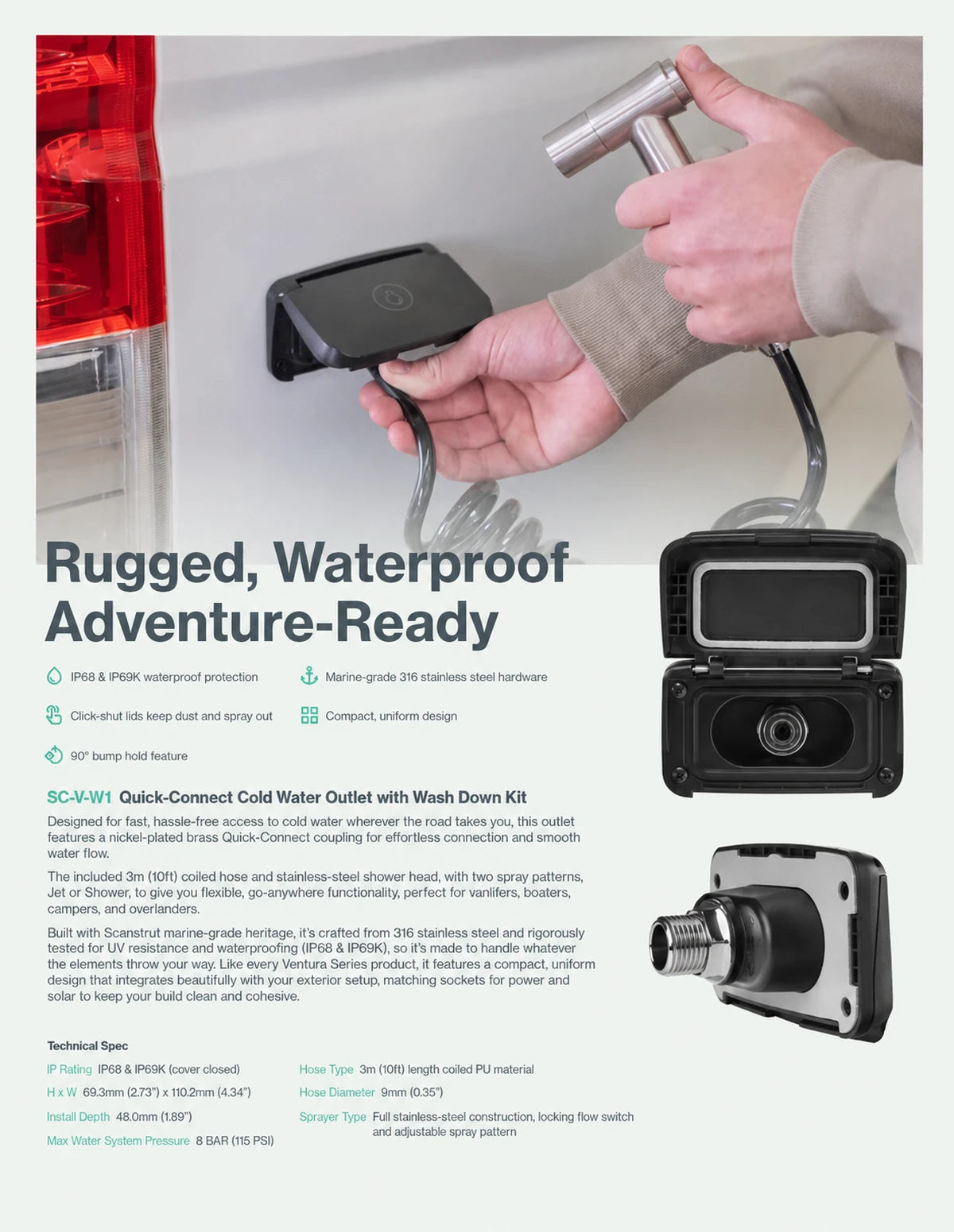 Scanstrut Ventura water outlet features and technical specifications infographic
