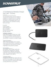 Feature sheet for Scanstrut 15W Sub waterproof wireless charger detailing technical specs
