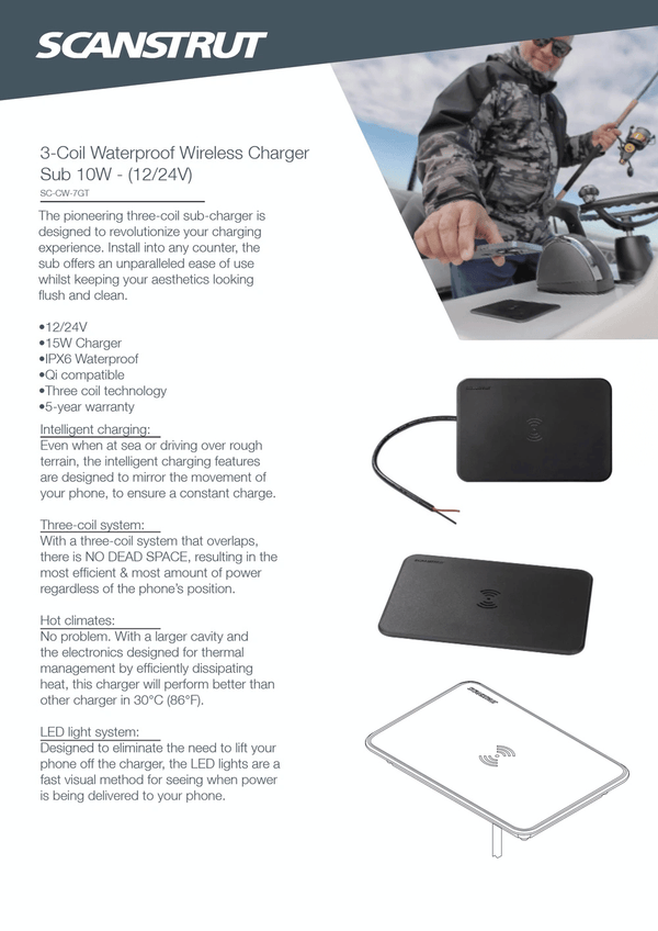 Feature sheet for Scanstrut 15W Sub waterproof wireless charger detailing technical specs