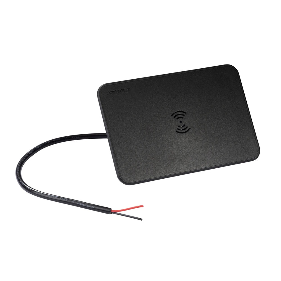 Angled view of Scanstrut wireless charger with integrated twin-core power cable