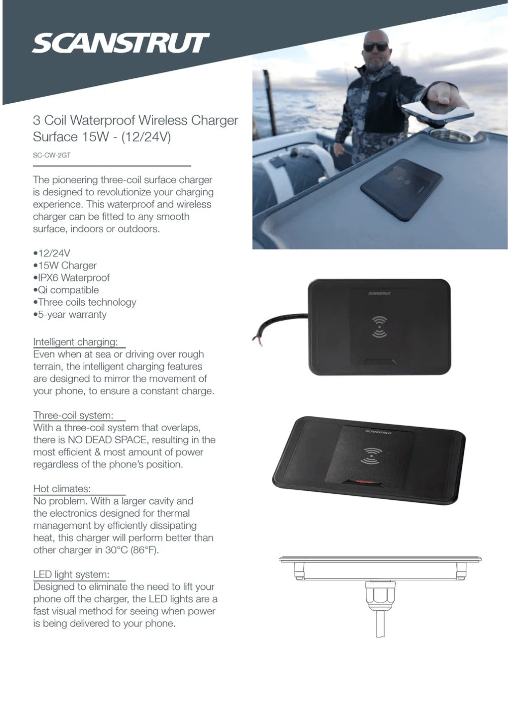 Product information sheet showing features, marine usage, and LED status