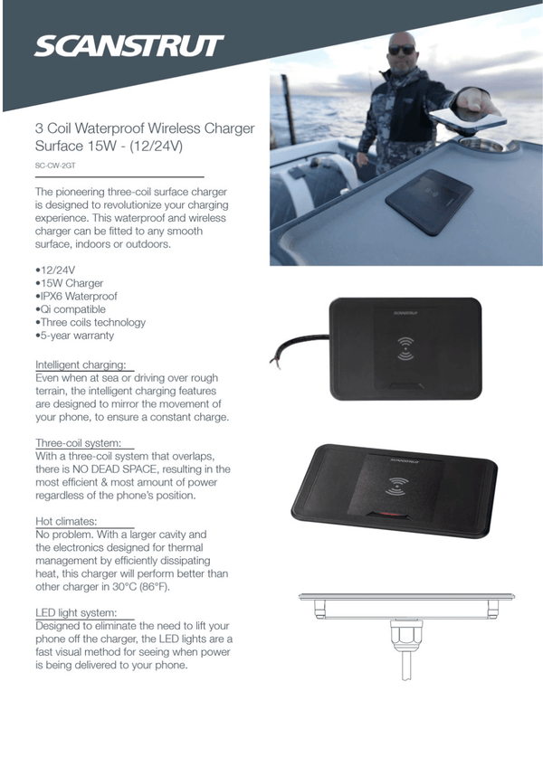 Product information sheet showing features, marine usage, and LED status