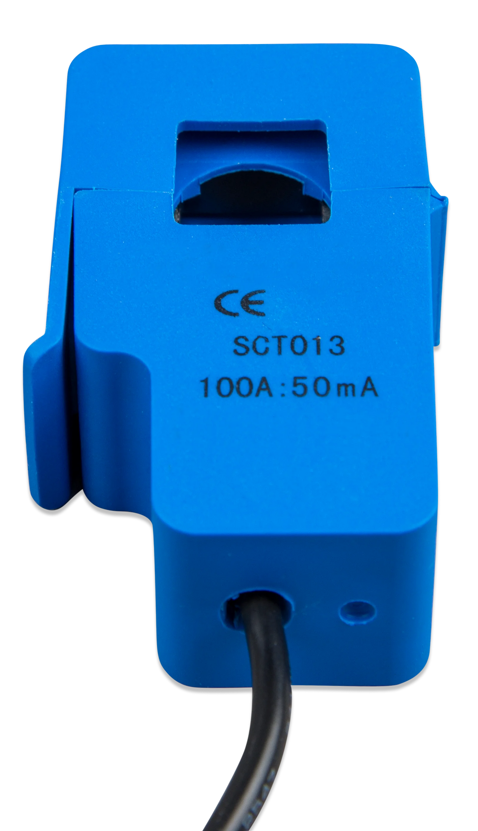 Close-up of blue current transformer housing showing SCT013 model and 100A to 50mA ratio markings