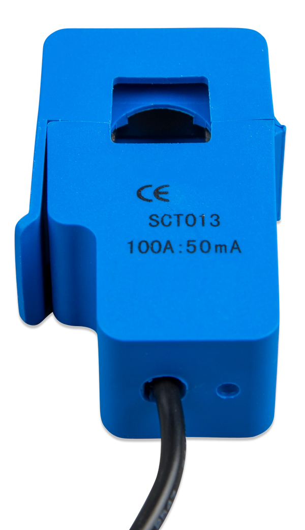 Close-up of blue current transformer housing showing SCT013 model and 100A to 50mA ratio markings