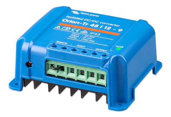 Side perspective view of Victron 48V to 12V converter highlighting the blue housing and mounting tabs