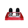 Side profile of red busbar showing stainless steel connection hardware