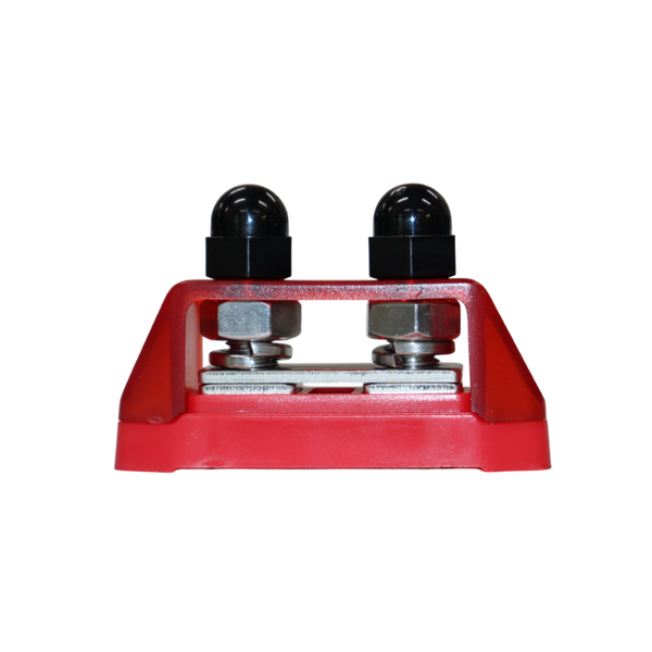 Side profile of red busbar showing stainless steel connection hardware