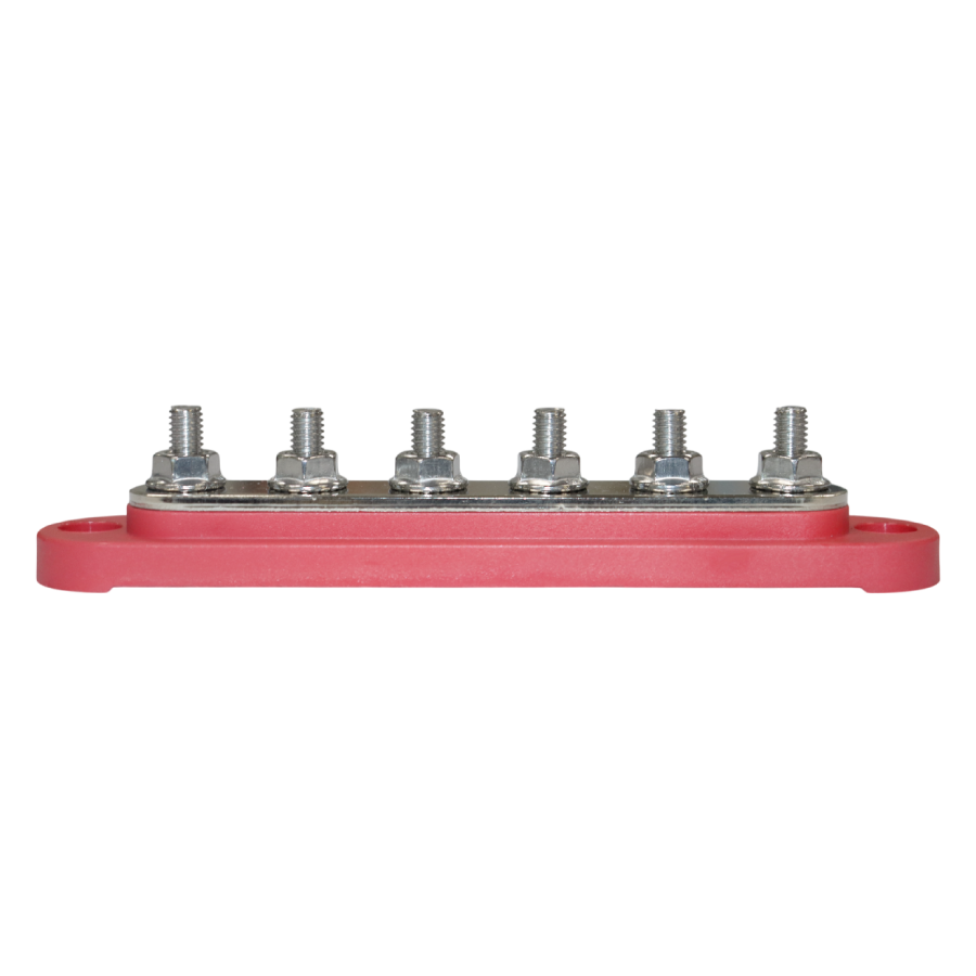 Side profile of busbar showing height of tin-plated M6 terminals and red base