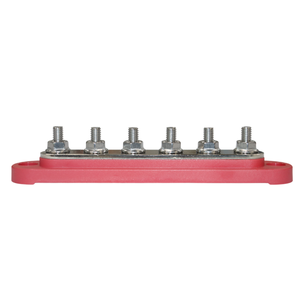 Side profile of busbar showing height of tin-plated M6 terminals and red base